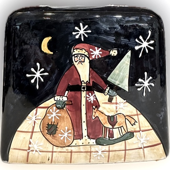 NEW VTG RARE CIC CERAMIC SANTA CLAUS TISSUE COVER BOX BLACK RED CERTIFIED INTER - Picture 2 of 10